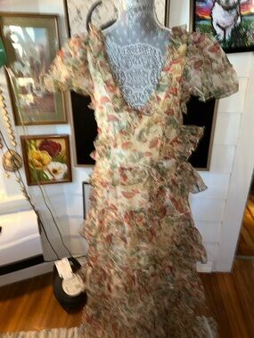 Selkie Cream Floral Ruffle Tiered Maxi Dress with Pink & Green Accents